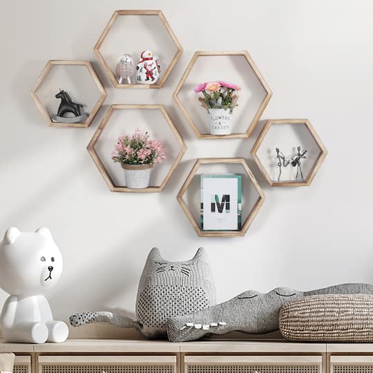 NEX™ Light Brown Hexagon Floating Wood Shelves Set